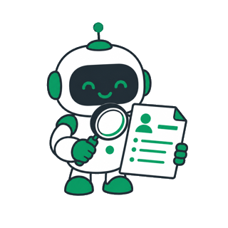 A friendly robot inspecting a resume